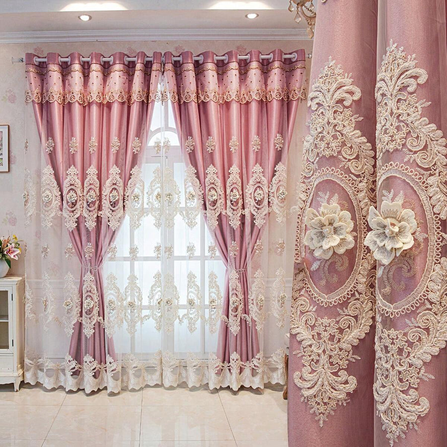 2PC European Style Double Layer Curtains, Embossed Floral Embroidered Sheer & Blackout Window Drapets, Decorative Curtains For Bedroom Living Room
